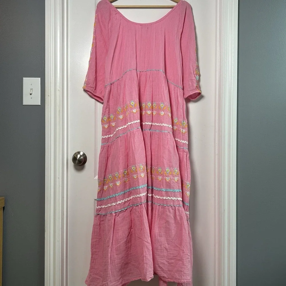Simply Southern Pink 100%‎ Cotton Gauze Embroidered Tiered Maxi Dress Boho Style